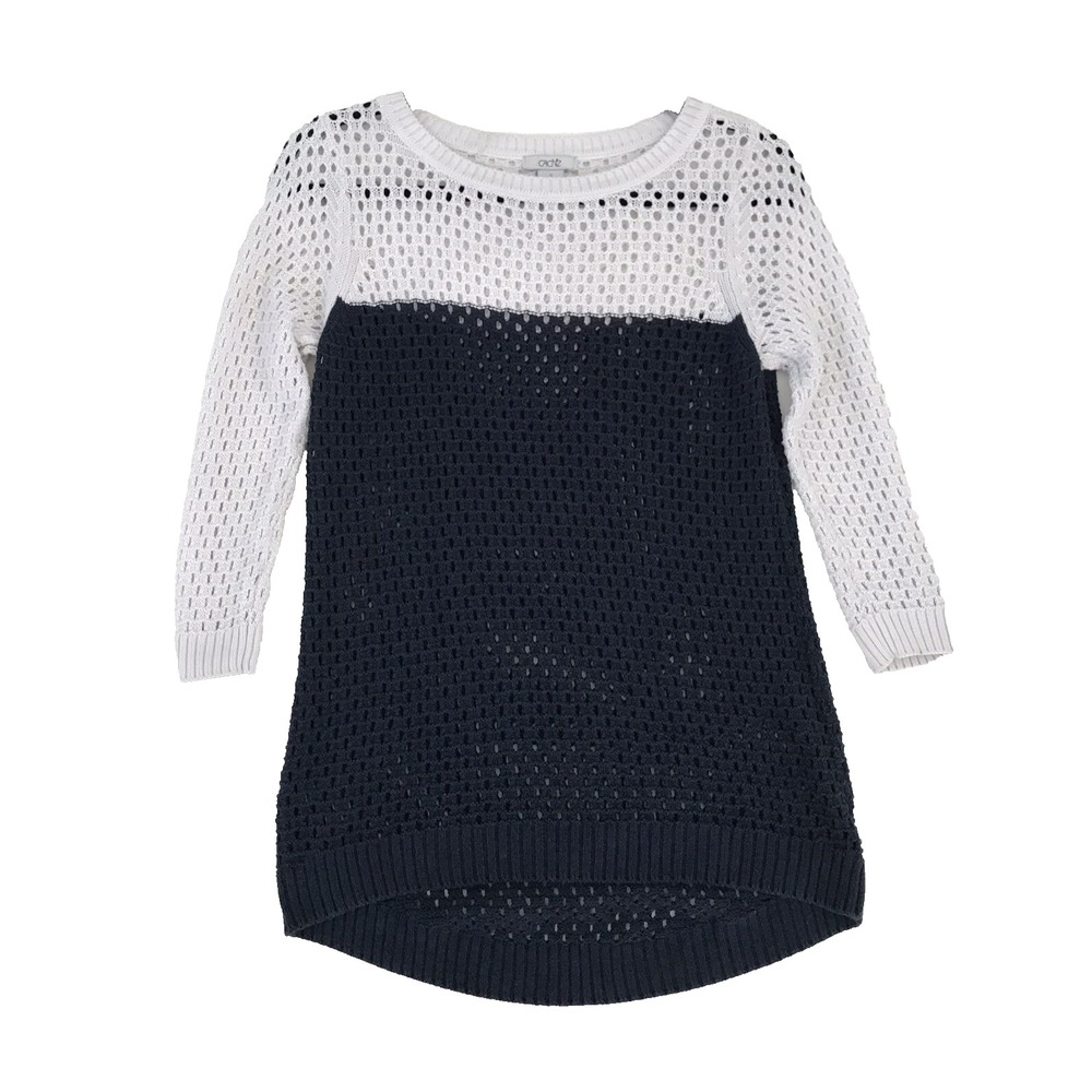 CACHE Navy White Crocheted Hi Lo Sweater M 3/4 Slv Beach Nautical Coastal Summer
